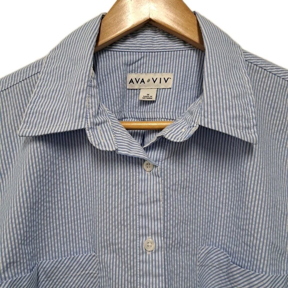 Ava & Viv Long Sleeve Shirt Womens 1X Blue White Striped Button Up Top Coastal - Picture 4 of 14